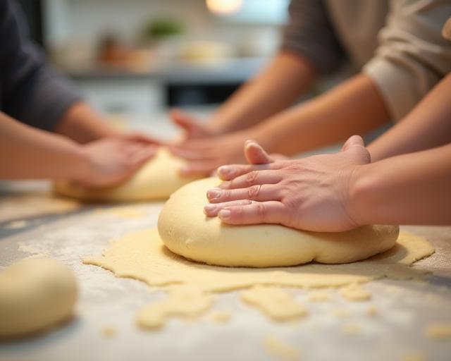 Participants pétrissant de la pâte lors d’un atelier
