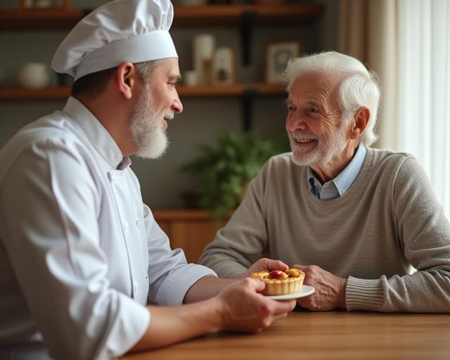 Chef discutant avec une résidente autour d’une tarte aux pommes