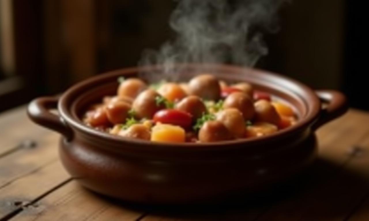 Plat traditionnel de cassoulet fumant sur table rustique